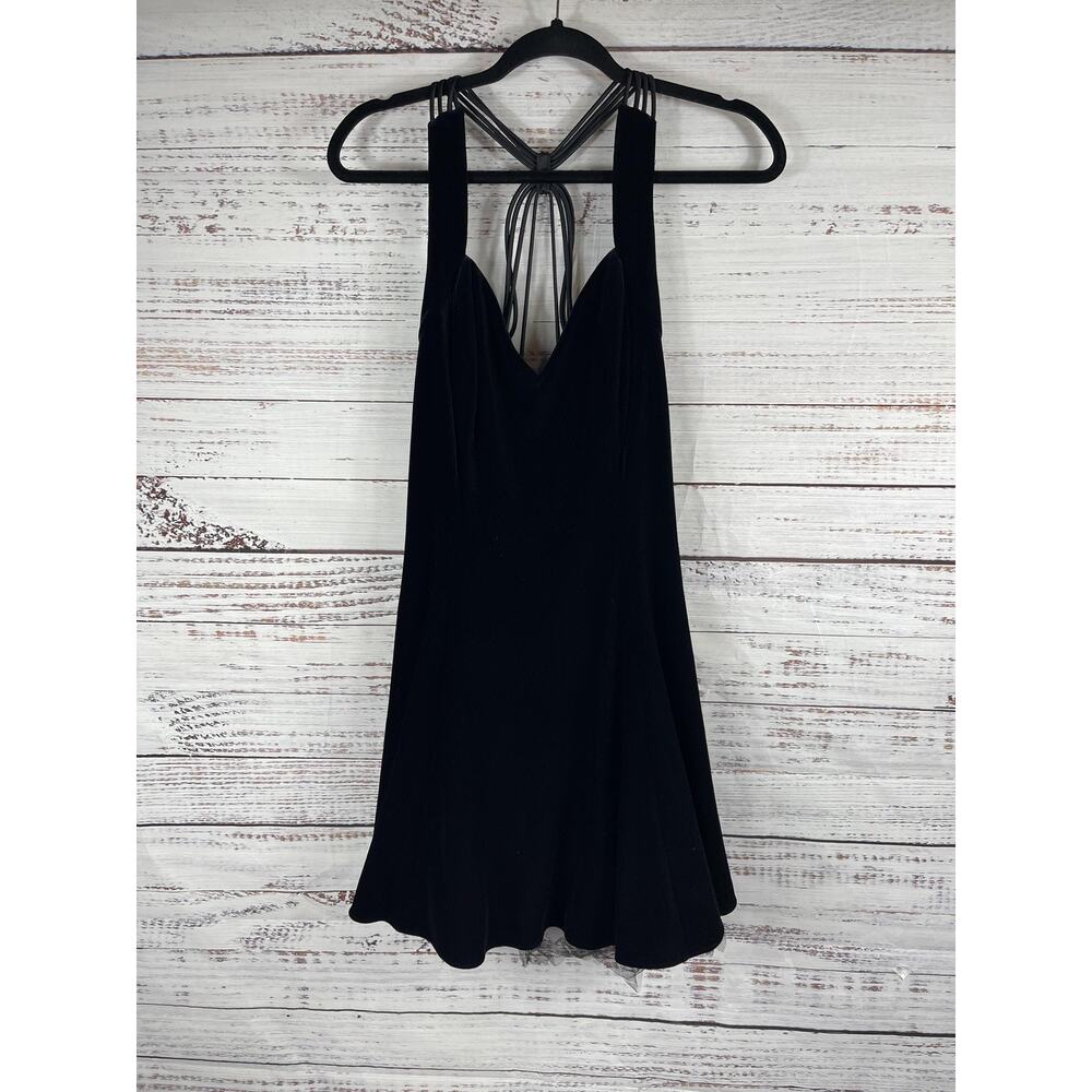 Betsy & Adam Dress Women's SZ S Black Velvet Halter Mini Rhinestone Strap Party